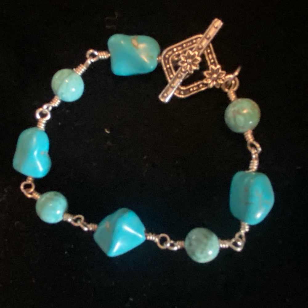 Vintage Turquoise Stone and Silver Tone Toggle Bracelet, 7 1/4”